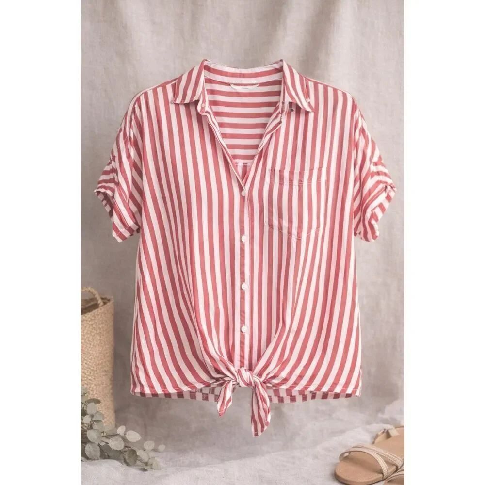 Beachlunchlounge Red White Stripe Tie Front Button Up Top Coastal Boho Cotton S